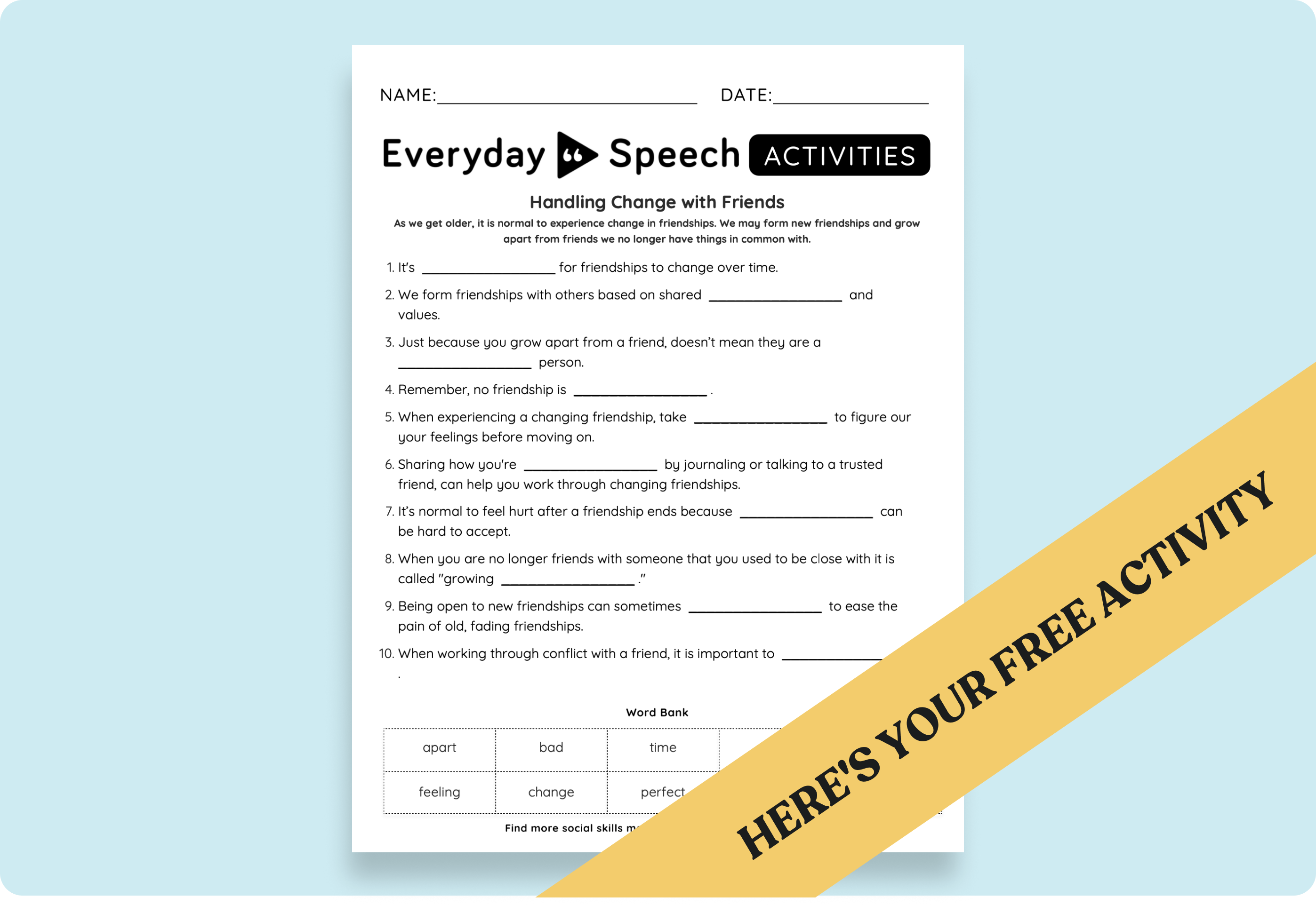 Middle School Free Activity & Lesson Plan: Handling Change with Friends