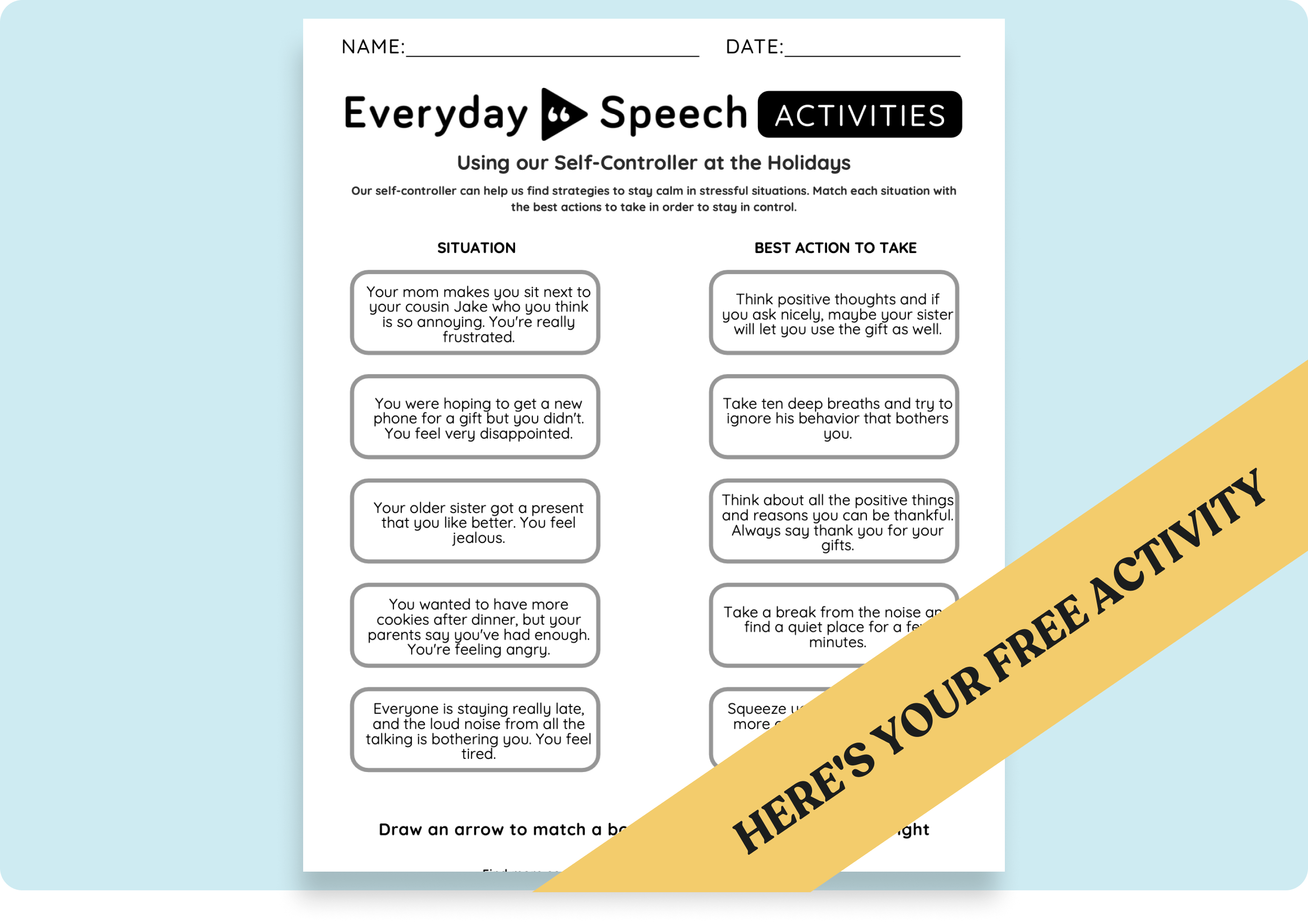 High School Self-Regulation Printable Activity: Using Our Self-Controller at the Holidays