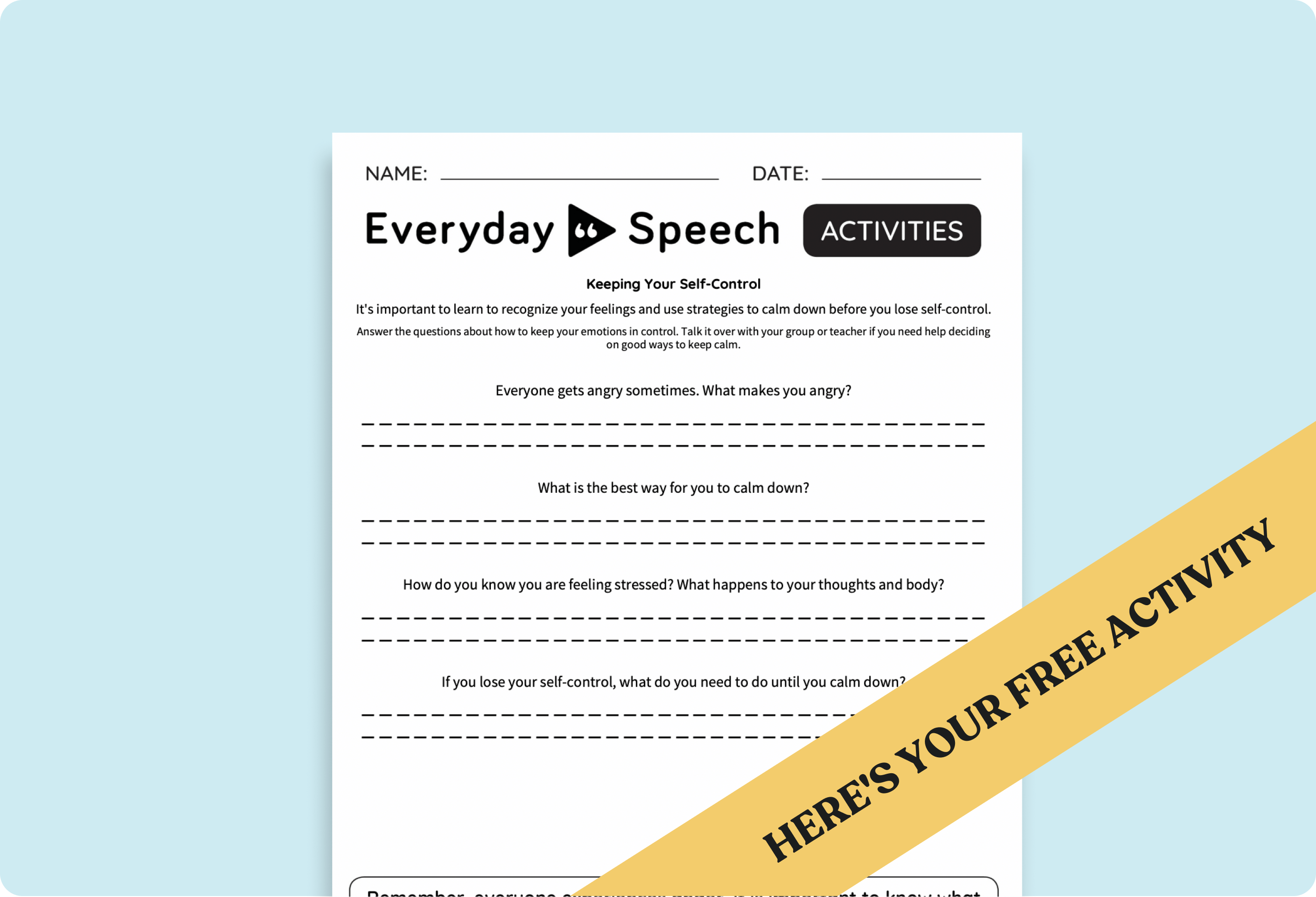 Middle School Self-Regulation Printable: Keeping Your Self-Control
